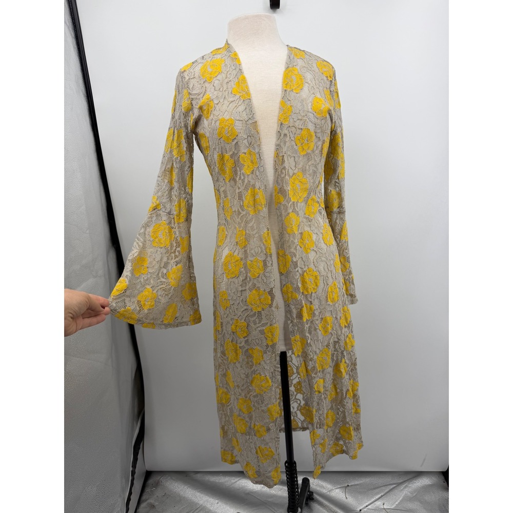 Crazy Train Floral rose Lace Duster Cardigan Womens M Yellow Grey Bell Sleeve
